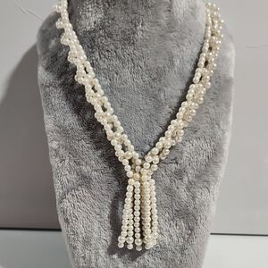 Vintage Faux Pearl Woven Rope Lariat Necklace